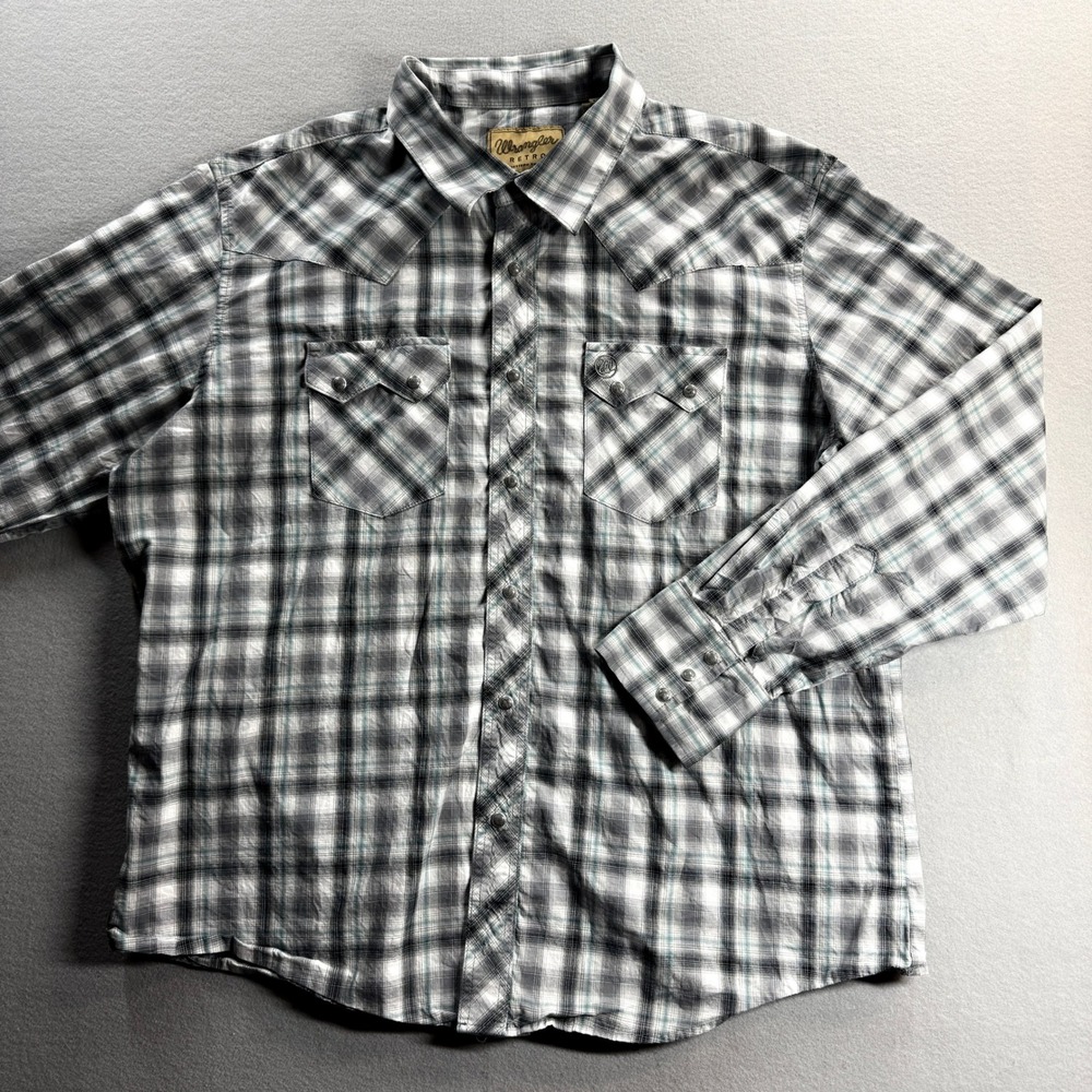 Wrangler Retro Button Up Men XXL Gray Plaid Western Pearl Snap Flap Pocket Shirt